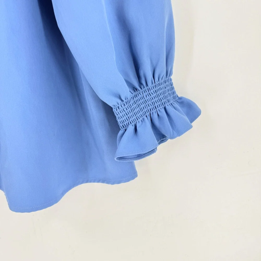 Tuckernuck Easton Blouse Blue Embroidered Scallop Collar Puff Sleeve Size L